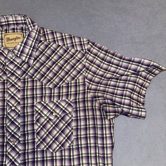 Wrangler Woven Western Button Up Shirt Short Sleeve Plaid Purple Mens Size L - Picture 6 of 13